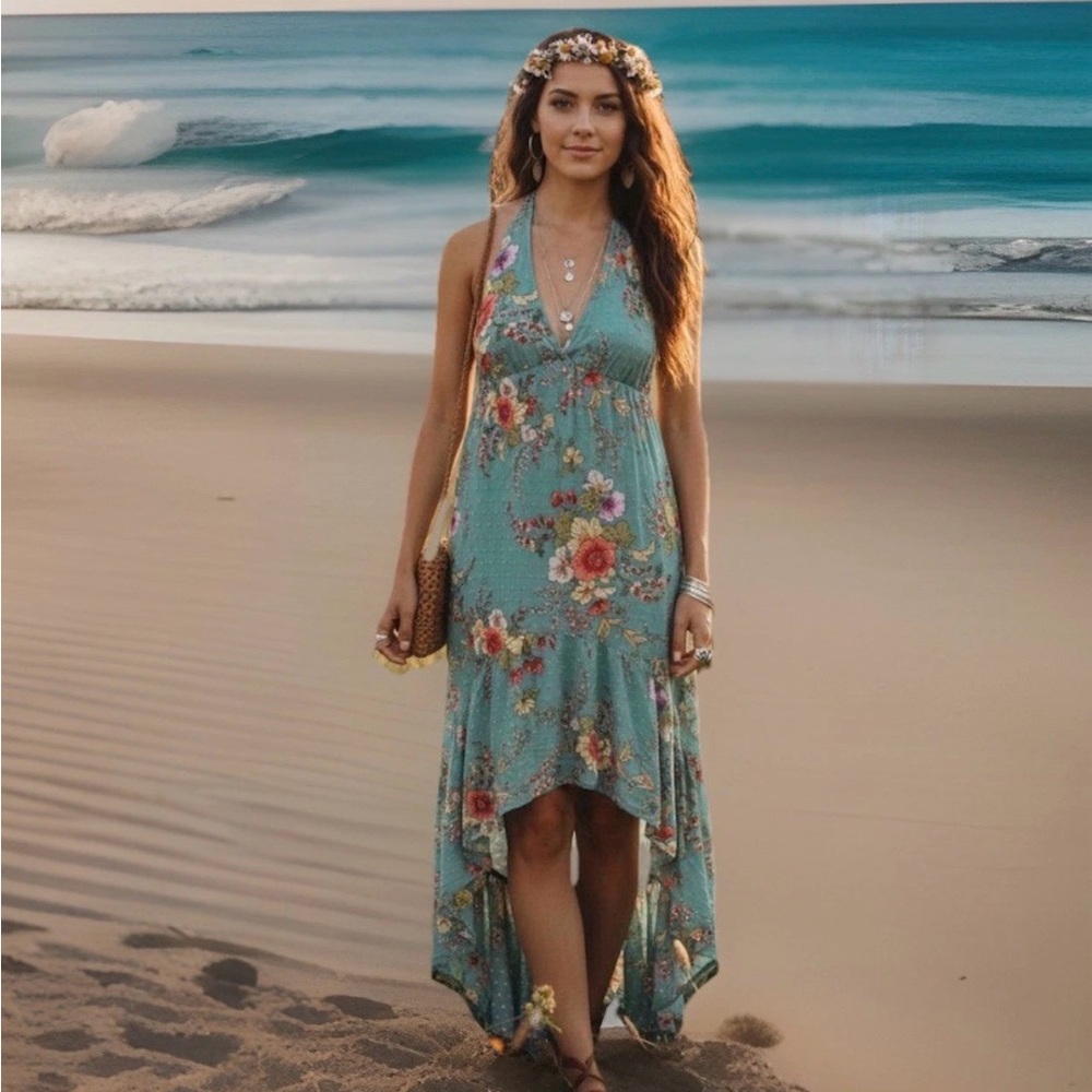 Lovestitch Hi-Low Dress Spring Flowers Aqua Blue/Green Women Size Small 4/6
